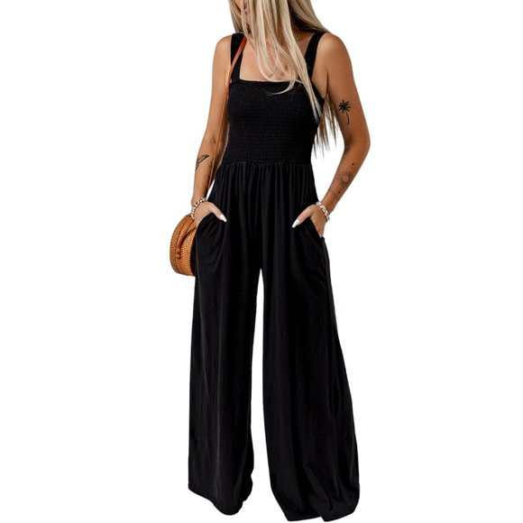 Black Smocked Sleeveless Wide Leg Jumpsuit with Pockets - Picture 6 of 16